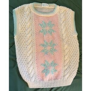 Vintage Hand Knit Sweater Vest Pastel Pink Mint White Snowflake Cable Knit L